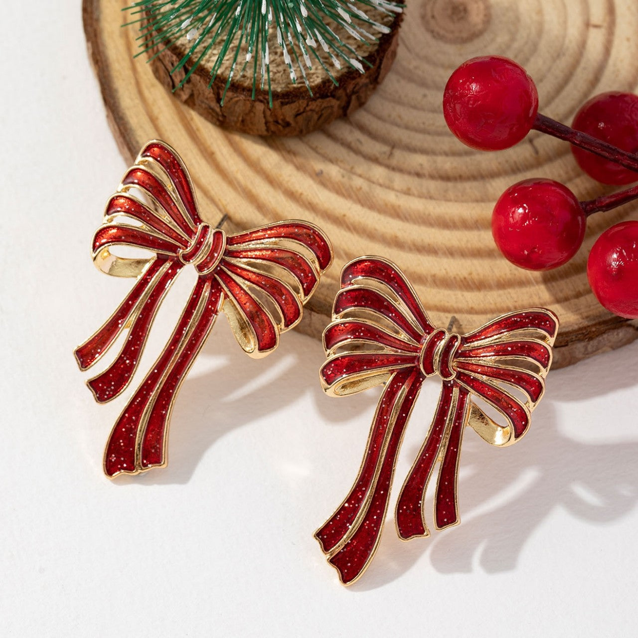 Wholesale Christmas Earrings with Bow Red Green Glitter Pink Alloy Earrings